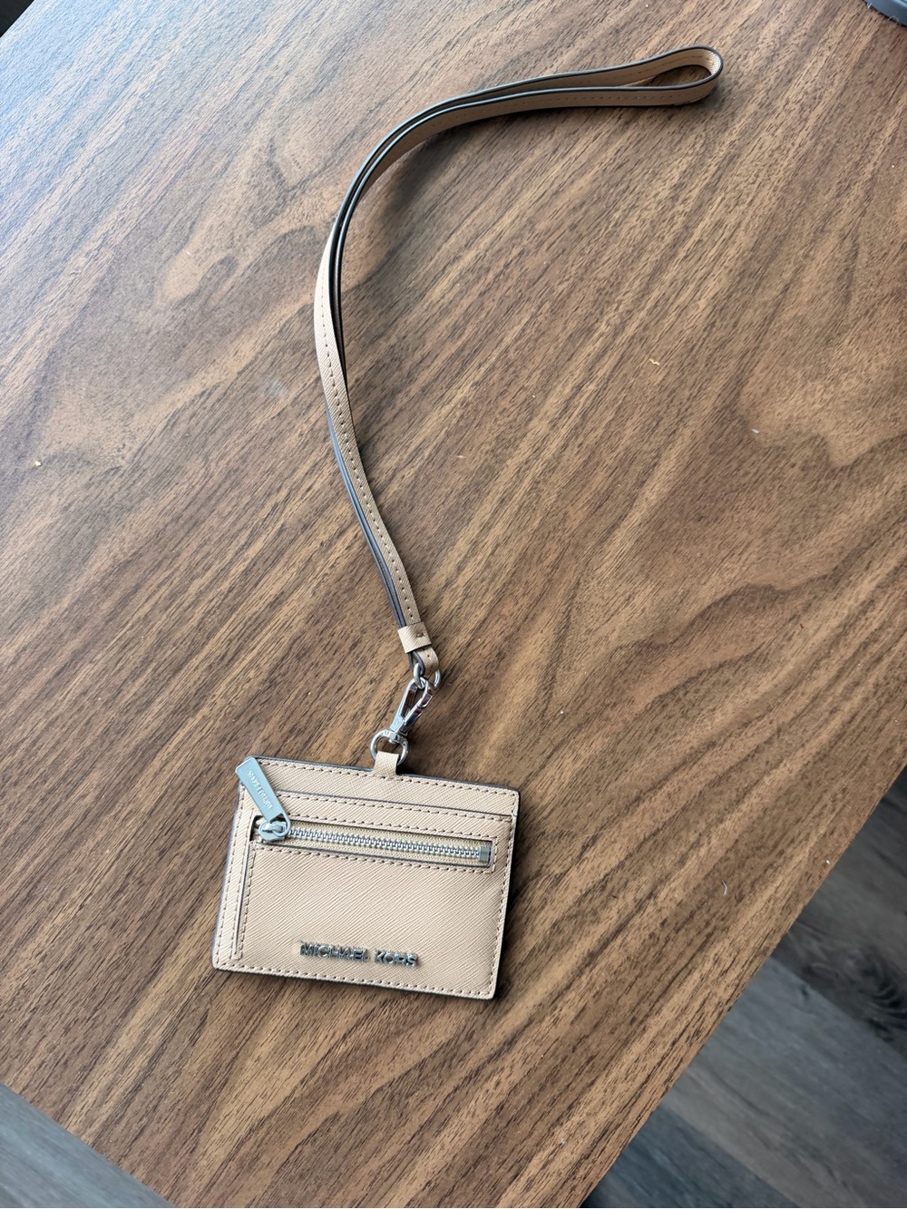 Michael Kors Tan Leather Card Holder Lanyard with Silver Hardware - Picture 3 of 4